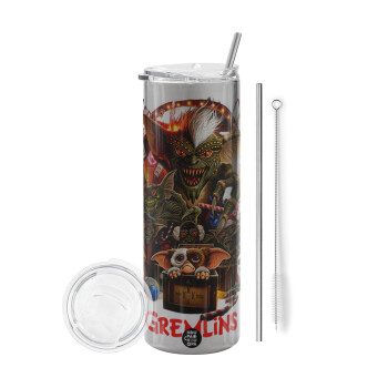 Gremlins, Tumbler ποτήρι θερμό Ασημένιο από ανοξείδωτο ατσάλι 600ml, με μεταλλικό καλαμάκι & βούρτσα καθαρισμού