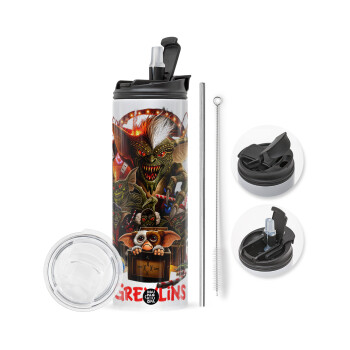 Gremlins, Travel Tumbler 2 Lids, with metal straw & cleaning brush (Stainless steel 304 Food grade, BPA free, 600ml)