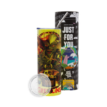 Gremlins, Neon Yellow Travel Tumbler θερμό, μεταλλικό καλαμάκι(Ανωξείδωτο 304 Food grade, BPA free, 600ml)