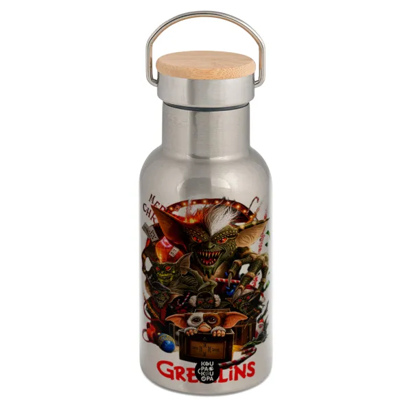 Gremlins — Stainless steel metallic thermos flask, silver with a bamboo lid, double-walled, 350ml.
