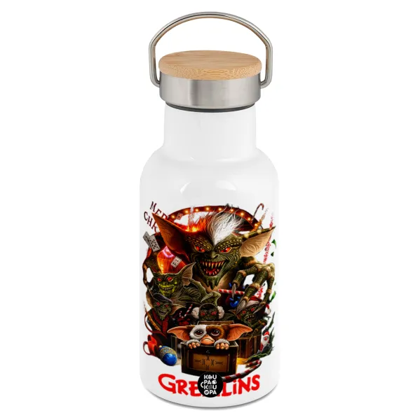 Gremlins — Metallic thermos (Stainless steel) White with wooden lid (bamboo), double-walled, 350ml