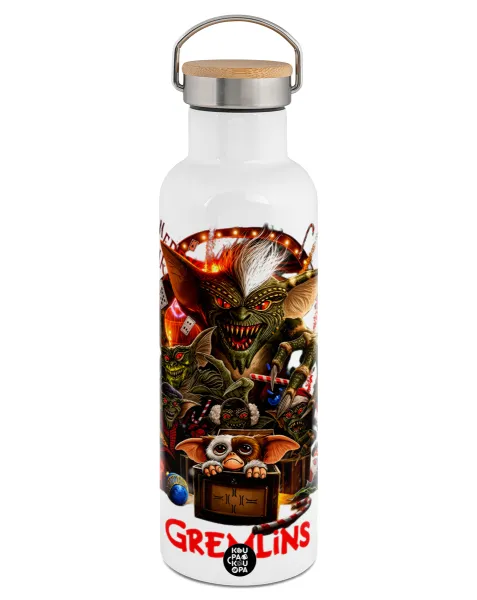 Gremlins — Stainless steel White with wooden lid (bamboo), double wall, 750ml