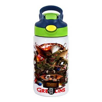Gremlins, Children's hot water bottle, stainless steel, with safety straw, green, blue (350ml)