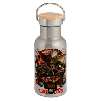 Gremlins, Μεταλλικό παγούρι θερμός (Stainless steel) Ασημένιο με ξύλινο καπακι (bamboo), διπλού τοιχώματος, 350ml