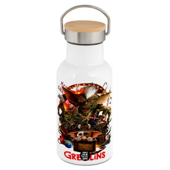 Gremlins, Μεταλλικό παγούρι θερμός (Stainless steel) Λευκό με ξύλινο καπακι (bamboo), διπλού τοιχώματος, 350ml