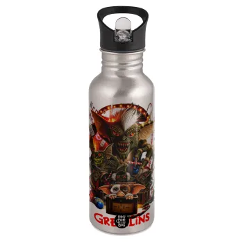 Gremlins, Παγούρι νερού Ασημένιο με καλαμάκι, ανοξείδωτο ατσάλι 600ml