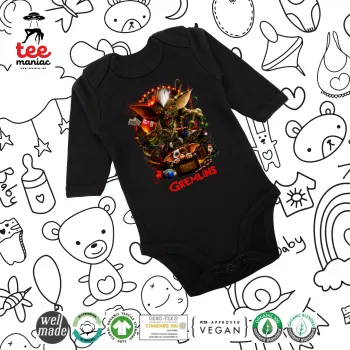 Gremlins, Μακρυμάνικο βρεφικό φορμάκι, 0-18 μηνών, ΜΑΥΡΟ, 100% Organic Cotton