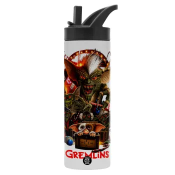 Gremlins, Μεταλλικό παγούρι θερμός με καλαμάκι & χειρολαβή, ανοξείδωτο ατσάλι (Stainless steel 304), διπλού τοιχώματος, 600ml