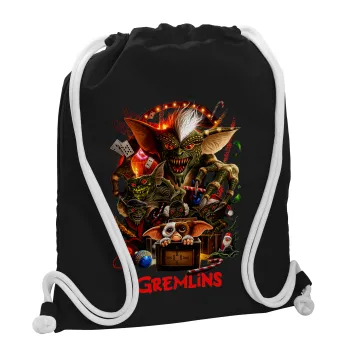 Gremlins, Τσάντα πλάτης πουγκί GYMBAG Μαύρη, με τσέπη (40x48cm) & χονδρά λευκά κορδόνια