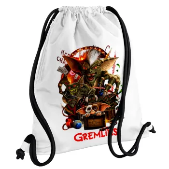 Gremlins, Τσάντα πλάτης πουγκί GYMBAG λευκή, με τσέπη (40x48cm) & χονδρά κορδόνια