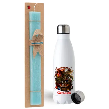 Gremlins, Easter Set, metallic stainless steel water bottle (750ml) & aromatic flat Easter candle (30cm) (TURQUOISE)