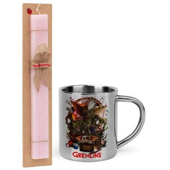 Gremlins, Easter Set, metallic thermal cup (300ml) & aromatic flat Easter candle (30cm) (PINK)