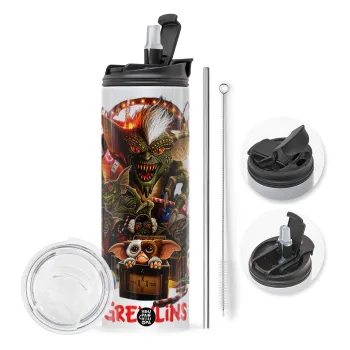 Gremlins, Travel Tumbler θερμό με διπλό καπάκι, μεταλλικό καλαμάκι και βούρτσα καθαρισμού (Ανωξείδωτο 304 Food grade, BPA free, 600ml)