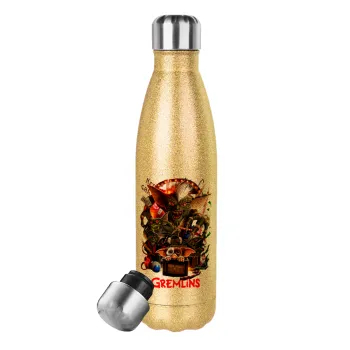 Gremlins, Μεταλλικό παγούρι θερμός Glitter χρυσό (Stainless steel), διπλού τοιχώματος, 500ml