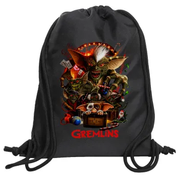Gremlins, Τσάντα πλάτης πουγκί GYMBAG Μαύρη, με τσέπη (40x48cm) & χονδρά κορδόνια