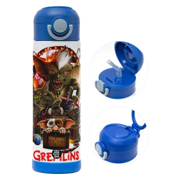 Gremlins, Παιδικό παγούρι θερμό, ανοξείδωτο, με καλαμάκι ασφαλείας, ΜΠΛΕ (500ml)