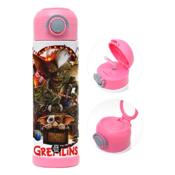 Gremlins, Children's hot water bottle, stainless steel, with safety straw, PINK (500ml)
