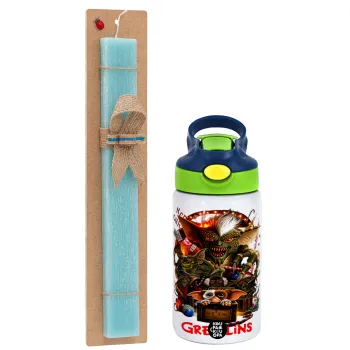 Gremlins, Easter Set, Children's thermal stainless steel bottle with safety straw, green/blue (350ml) & aromatic flat Easter candle (30cm) (TURQUOISE)