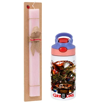 Gremlins, Πασχαλινή Λαμπάδα με Παιδικό παγούρι θερμό, ανοξείδωτο, με καλαμάκι ασφαλείας, ροζ/μωβ (350ml) & κερί αρωματικό πλακέ (30cm) (ΡΟΖ)