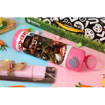 Gremlins, Πασχαλινή Λαμπάδα με Παιδικό παγούρι θερμό, ανοξείδωτο, με καλαμάκι ασφαλείας, ΡΟΖ (500ml)