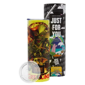 Gremlins, Neon Yellow Travel Tumbler θερμό, μεταλλικό καλαμάκι(Ανωξείδωτο 304 Food grade, BPA free, 600ml)