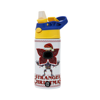 Stranger Things Christmas, Children's hot water bottle, stainless steel, with safety straw, green, blue (360ml) BPA FREE