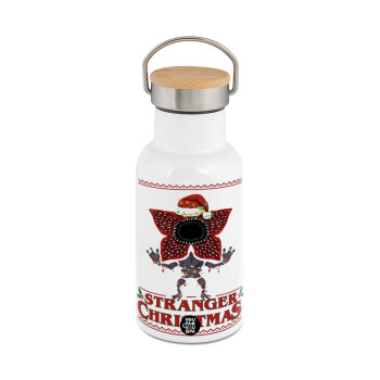 Stranger Things Christmas, Metallic thermos (Stainless steel) White with wooden lid (bamboo), double-walled, 350ml