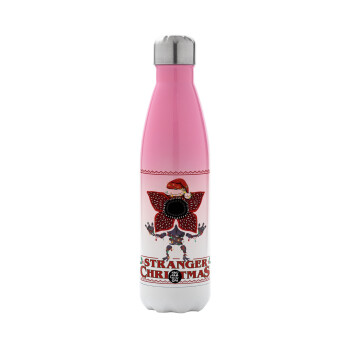 Stranger Things Christmas, Metal mug thermos Pink/White (Stainless steel), double wall, 500ml
