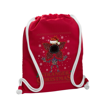 Stranger Things Christmas, Backpack pouch GYMBAG Red, with pocket (40x48cm) & thick cords