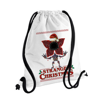 Stranger Things Christmas, Backpack pouch GYMBAG white, with pocket (40x48cm) & thick cords