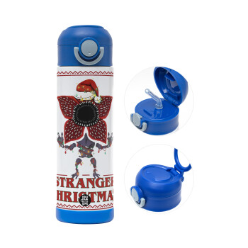 Stranger Things Christmas, Παιδικό παγούρι θερμό, ανοξείδωτο, με καλαμάκι ασφαλείας, ΜΠΛΕ (500ml)
