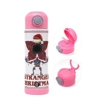 Stranger Things Christmas, Children's hot water bottle, stainless steel, with safety straw, PINK (500ml)