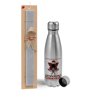 Stranger Things Christmas, Easter Set, metallic Inox water bottle (750ml) & aromatic flat Easter candle (30cm) (GRAY)