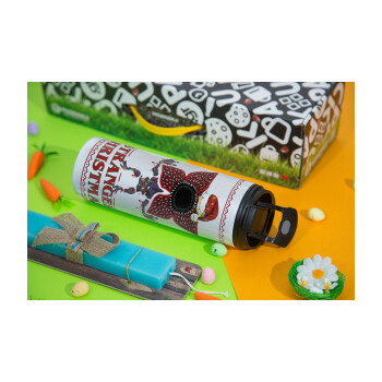 Stranger Things Christmas, Easter candle,Travel Tumbler 2 Lids, with metal straw & cleaning brush & aromatic flat candle (30cm) (BLUE)