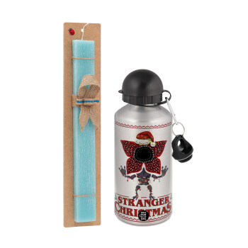Stranger Things Christmas, Πασχαλινή Λαμπάδα με παγούρι μεταλλικό Ασημένιο αλουμινίου (500ml) & κερί αρωματικό πλακέ (30cm) (ΤΙΡΚΟΥΑΖ)
