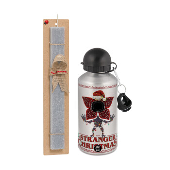Stranger Things Christmas, Πασχαλινή Λαμπάδα με παγούρι μεταλλικό Ασημένιο αλουμινίου (500ml) & κερί αρωματικό πλακέ (30cm) (ΓΚΡΙ)