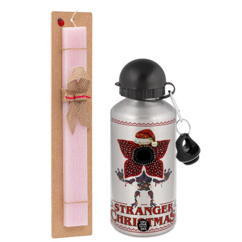 Stranger Things Christmas, Πασχαλινή Λαμπάδα με παγούρι μεταλλικό Ασημένιο αλουμινίου (500ml) & κερί αρωματικό πλακέ (30cm) (ΡΟΖ)