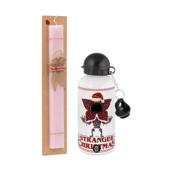 Stranger Things Christmas, Πασχαλινή Λαμπάδα με παγούρι μεταλλικό αλουμινίου (500ml) & κερί αρωματικό πλακέ (30cm) (ΡΟΖ)