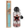 Easter Set, metallic silver aluminum water bottle (500ml) & scented flat Easter candle (30cm) (TURQUOISE)