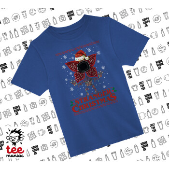 Stranger Things Christmas, Παιδικό T-Shirt ΜΠΛΕ από 100% βαμβάκι, για κάθε μέρα. Vegan & OEKO-TEX πιστοποιημένο.
