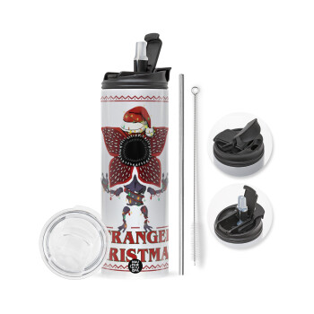 Stranger Things Christmas, Travel Tumbler 2 Lids, with metal straw & cleaning brush (Stainless steel 304 Food grade, BPA free, 600ml)