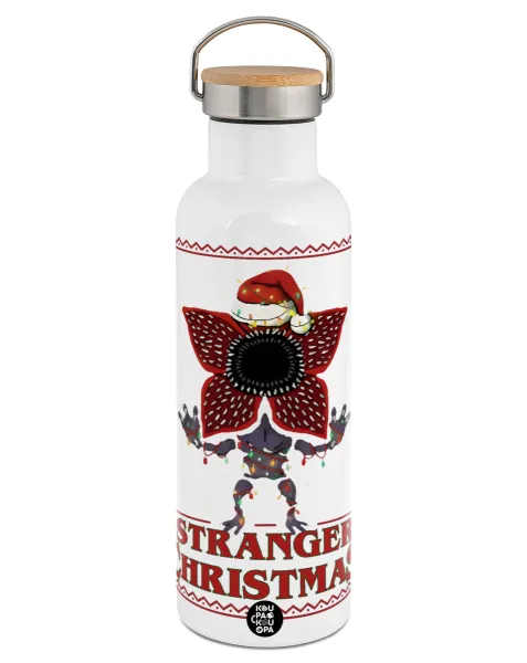 Stranger Things Christmas — Stainless steel White with wooden lid (bamboo), double wall, 750ml