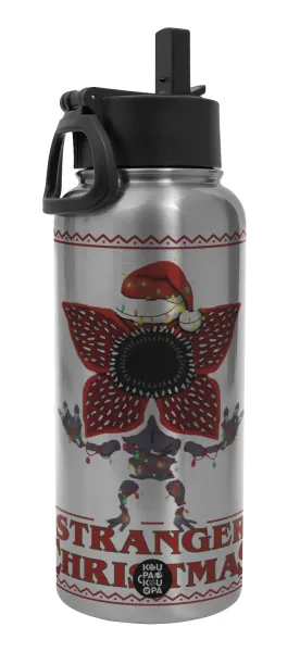 Stranger Things Christmas — Μεταλλικό παγούρι θερμός Silver με καλαμάκι και χερούλι (Stainless steel), διπλού τοιχώματος, 950ml
