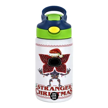 Stranger Things Christmas, Children's hot water bottle, stainless steel, with safety straw, green, blue (350ml)