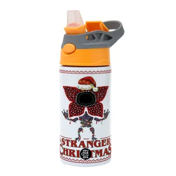 Stranger Things Christmas, Children's hot water bottle, stainless steel, with safety straw, Orange/Grey (360ml) BPA-FREE