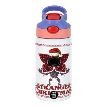 Stranger Things Christmas, Children's hot water bottle, stainless steel, with safety straw, pink/purple (350ml)