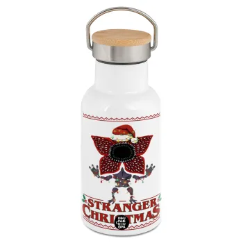 Stranger Things Christmas, Μεταλλικό παγούρι θερμός (Stainless steel) Λευκό με ξύλινο καπακι (bamboo), διπλού τοιχώματος, 350ml