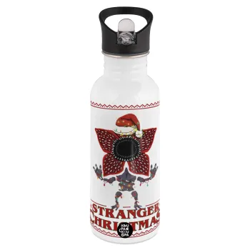 Stranger Things Christmas, Παγούρι νερού Λευκό με καλαμάκι, ανοξείδωτο ατσάλι 600ml