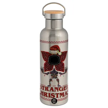Stranger Things Christmas, Μεταλλικό παγούρι θερμός (Stainless steel) Ασημένιο με ξύλινο καπακι (bamboo), διπλού τοιχώματος, 750ml