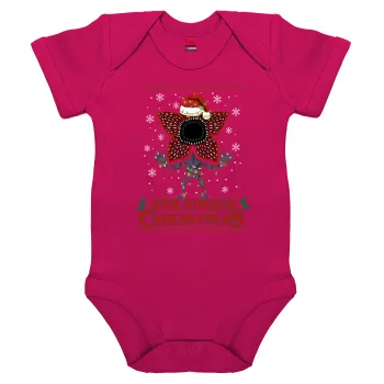 Stranger Things Christmas, Βρεφικό φορμάκι μωρού, 0-18 μηνών, ΡΟΖ, 100% Organic Cotton, κοντομάνικο